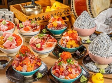 おさしみ食べ放題おさかなパラダイス／熱海おさかな大食堂 メニュー開発をお任せすることも！
お客様に楽しんでもらいたい思いで
この盛り付けメニューが出来上がりました♪