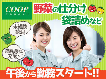 コープ東北　多賀城ベジタブルセンター ＼未経験・ブランク歓迎♪／
簡単＆シンプル作業なので
初めての方やお仕事復帰が
久しぶりの方も安心です◎