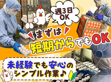 昭和鶏卵株式会社 ＜年齢・経験不問！＞
未経験からはじめた先輩スタッフ多数！
少しずつお仕事に慣れていきましょう♪
週3日～安定して働けます！